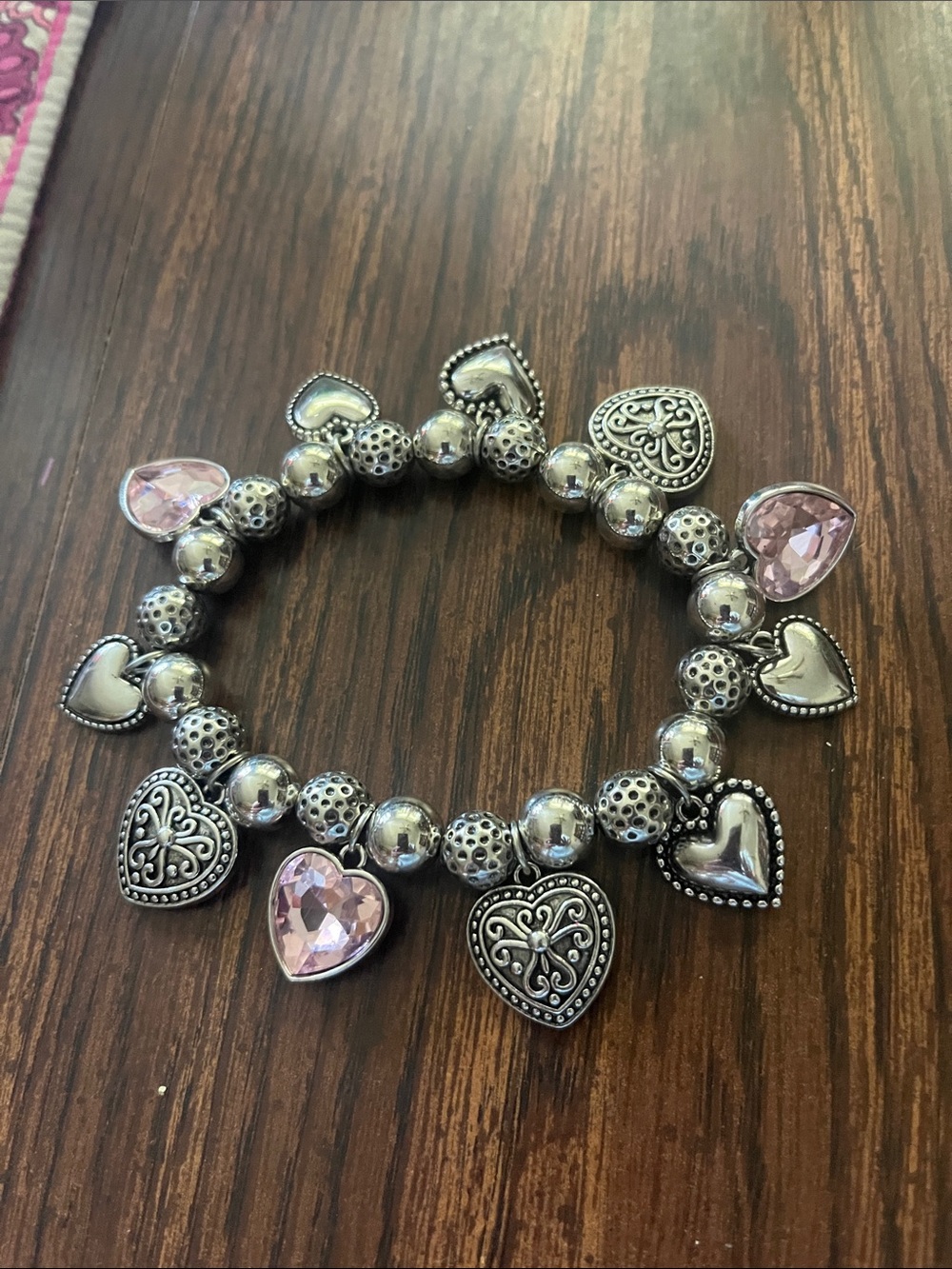 Silver Heart Charm Bracelet with Pink Crystal Hearts never worn stretch